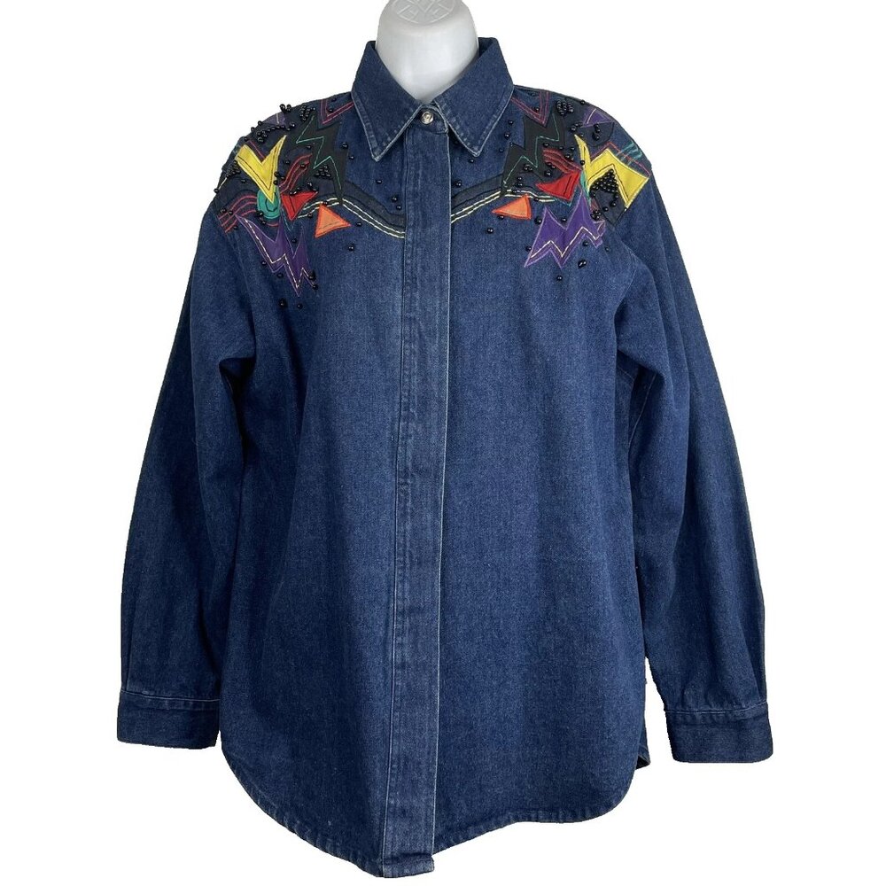 Vintage 80s Cedars Denim Shirt Size M Blue Western Geo Leather Patches Beaded